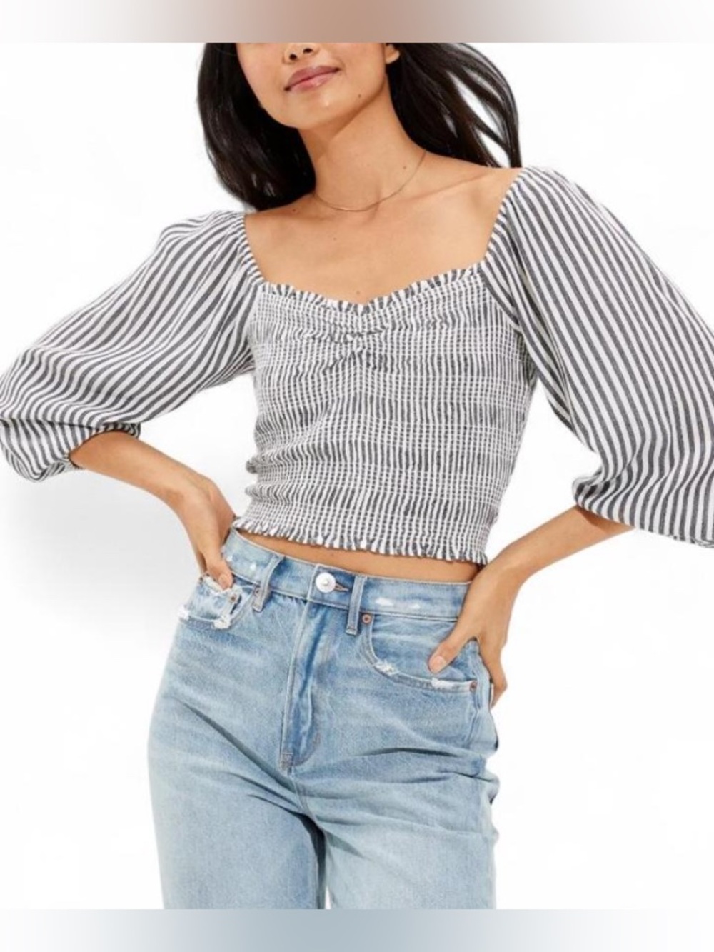American Eagle Outfitters blue grey & White Striped Puff-Sleeve Smocked Crop Top